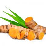 turmeric root with green leaves isolated on white background